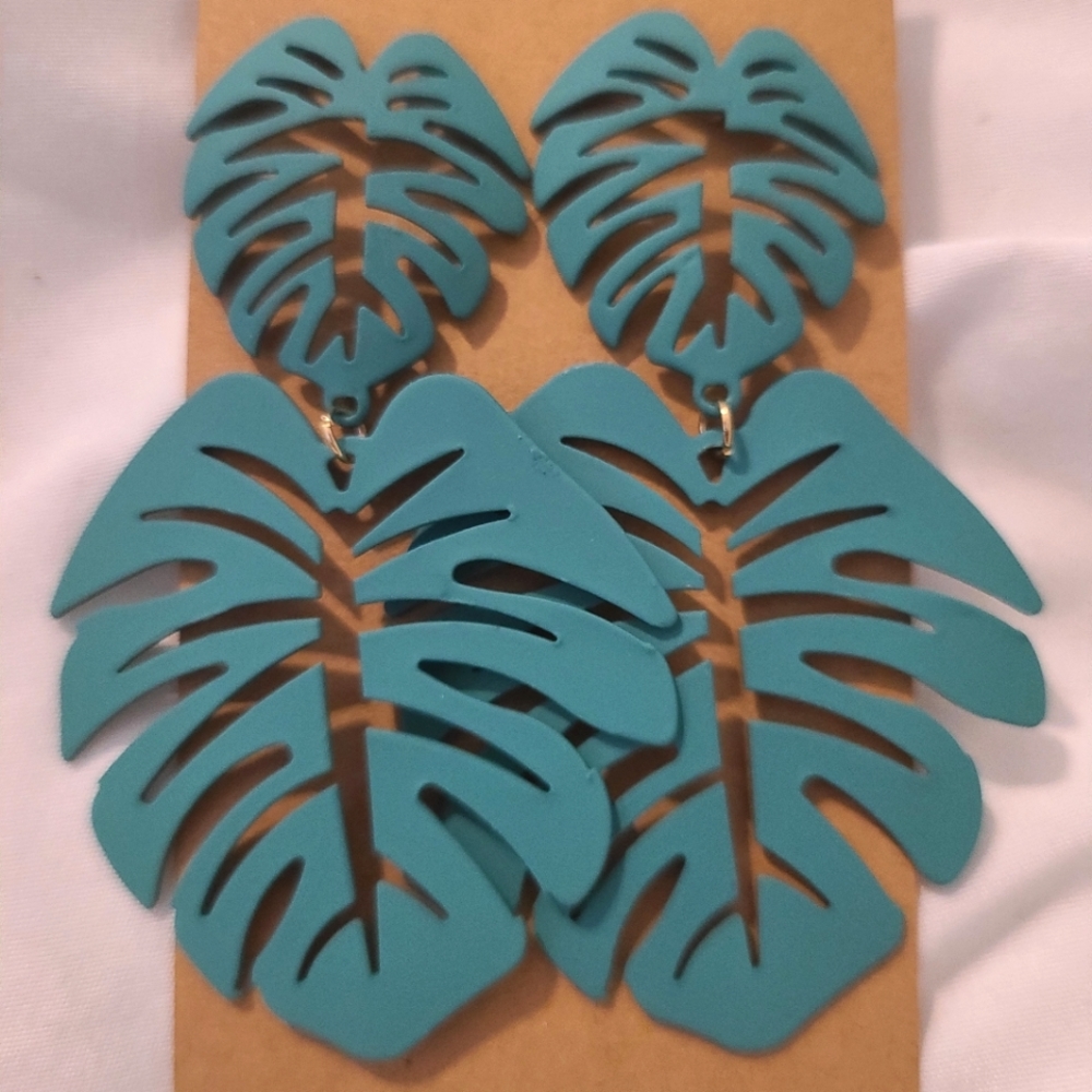 Teal Monstera Drop Earrings